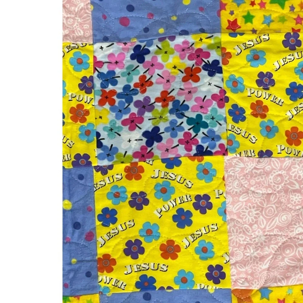 Handmade‎ Patchwork Quilt Floral Star Jesus Power 66x50 Teddy Bear Throw
